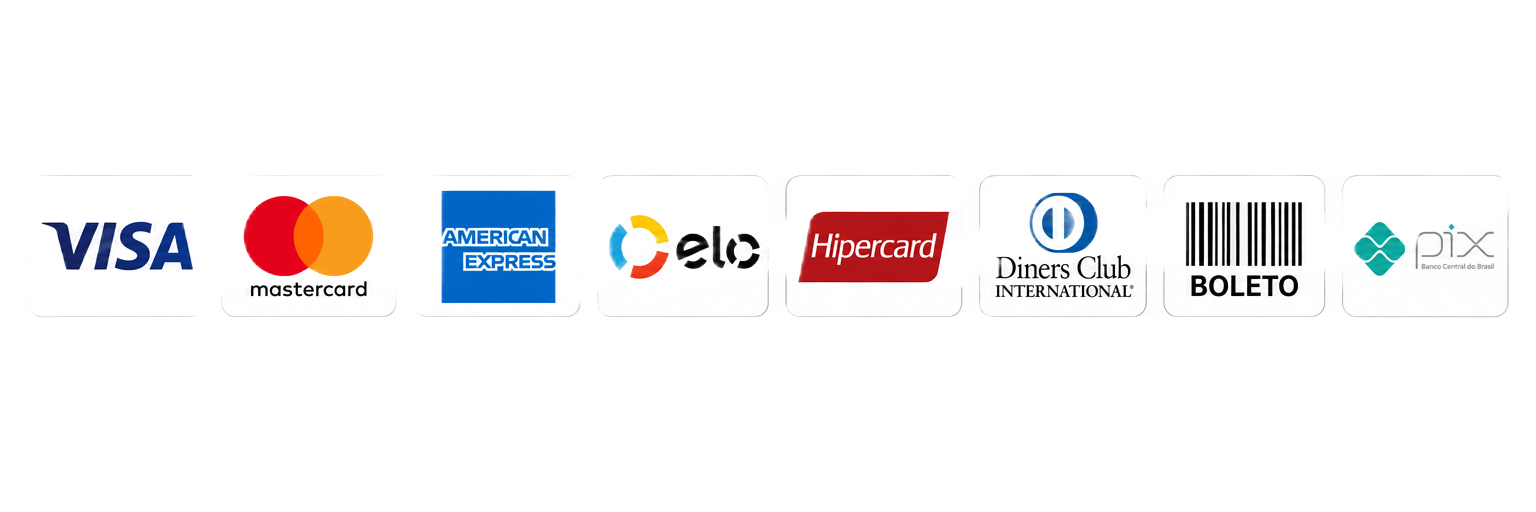 Formas de pagamento aceitas: Visa, Mastercard, American Express, Diners, Hipercard, Elo, boleto e Pix